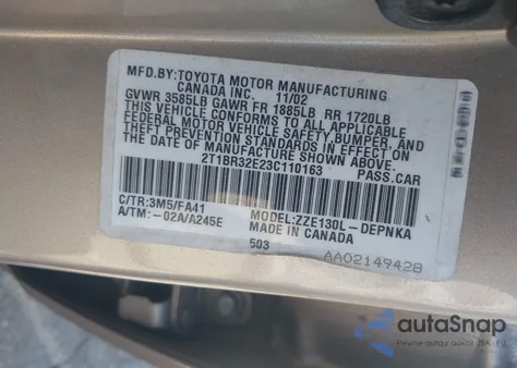 2003 Toyota Corolla Le из США, поврежденный, VIN 2T1BR32E23C110163